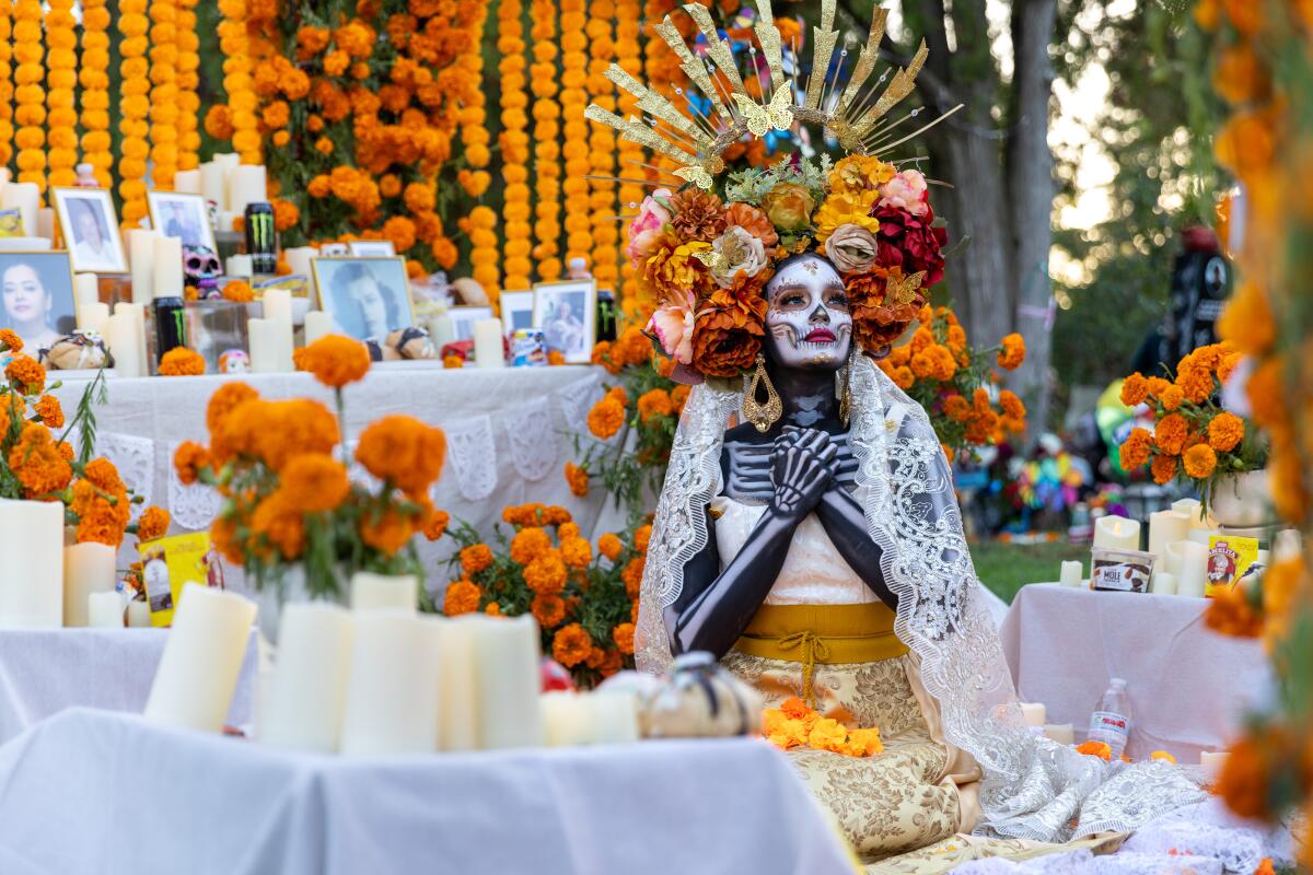 A woman wearing makeup, a costume and a floral headdress sits in front of an altar.