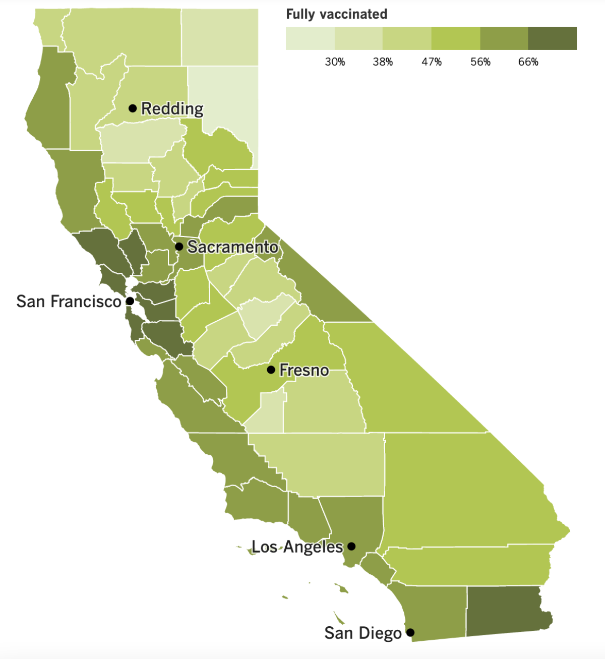 A map that shows California's vaccination progress by county as of Sept. 28.