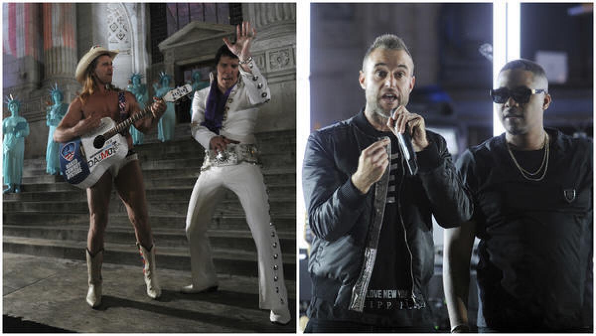 At left, Robert John Burck, better known as the Naked Cowboy, and Elvis impersonator Jay Allan perform outside the New York Public Library before the Philipp Plein show on Monday. At right, the designer, (left) speaks to show guests with rapper Nas at his side.