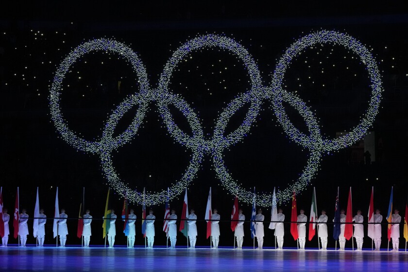 FILE - The Olympic rings are seen during the closing ceremony of the 2022 Winter Olympics on Feb. 20, 2022, in Beijing. Will it be 2030, the first opening on the IOC calendar? Or might the International Olympic Committee make a double award and also name the 2034 host, which it did 4 1/2 years ago when it had two strong candidates and named Paris for the 2024 Olympics and Los Angeles for 2028. (AP Photo/Natacha Pisarenko, File)