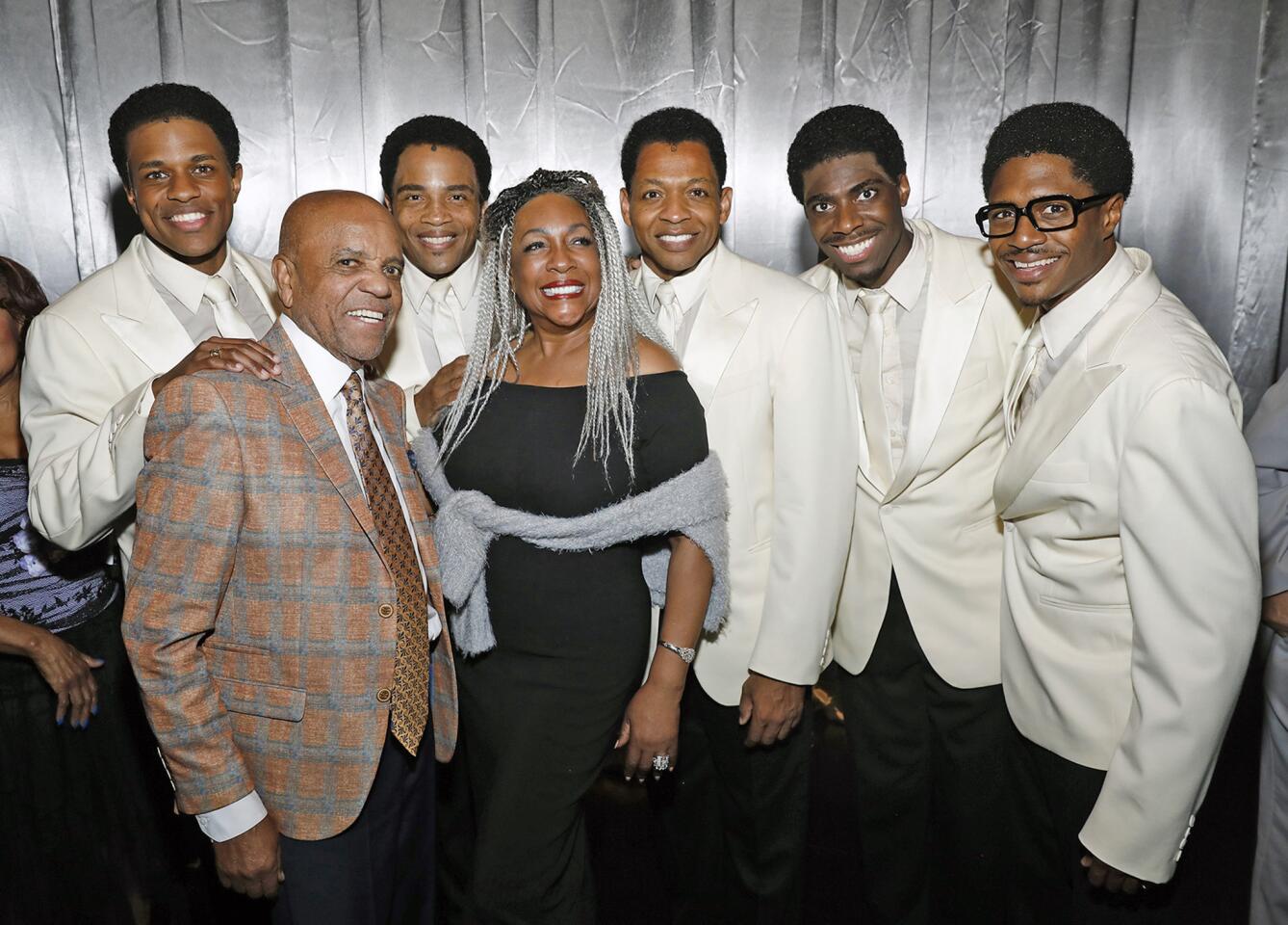 Backstage after the opening night performance of "Ain't Too Proud - The Life and Times of the Temptations" are Berry Gordy, founder of Motown label and Mary Wilson, original member of The Supremes, surrounded by cast members Jeremy Pope, James Harkness, Derrick Baskin, Jawan M. Jackson and Ephraim Sykes.