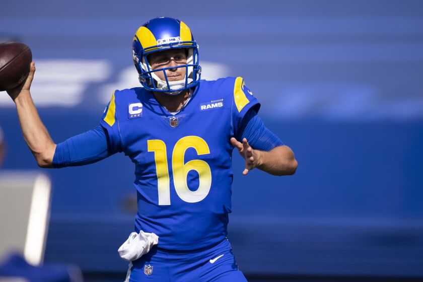 Los Angeles Rams quarterback Jared Goff (16) passes the ball against the Buffalo Bills during the second quarter of an NFL football game, Sunday, Sept. 27, 2020, in Orchard Park, N.Y. (AP Photo/Brett Carlsen)