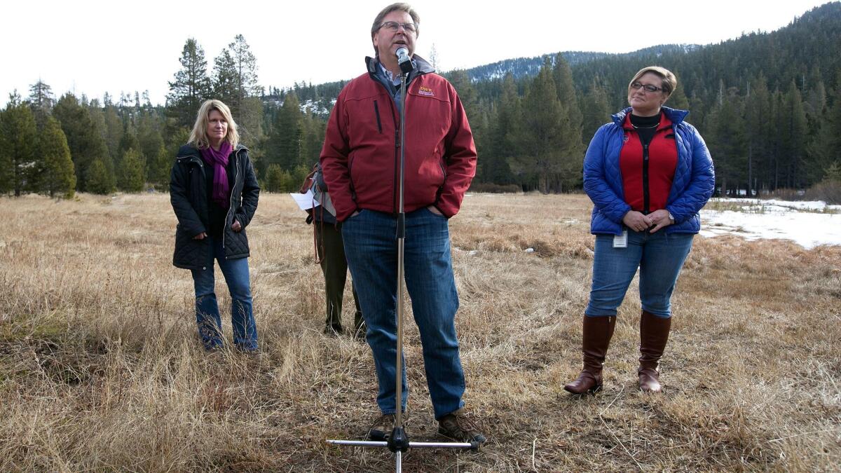 Grant Davis, director of the state Department of Water Resources, discusses the results of the first snow survey of the season in early January at the Phillips Station snow course in the Eastern Sierra.
