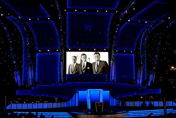An image of Sen. Edward M. Kennedy with brothers Robert and John was part of a video tribute.