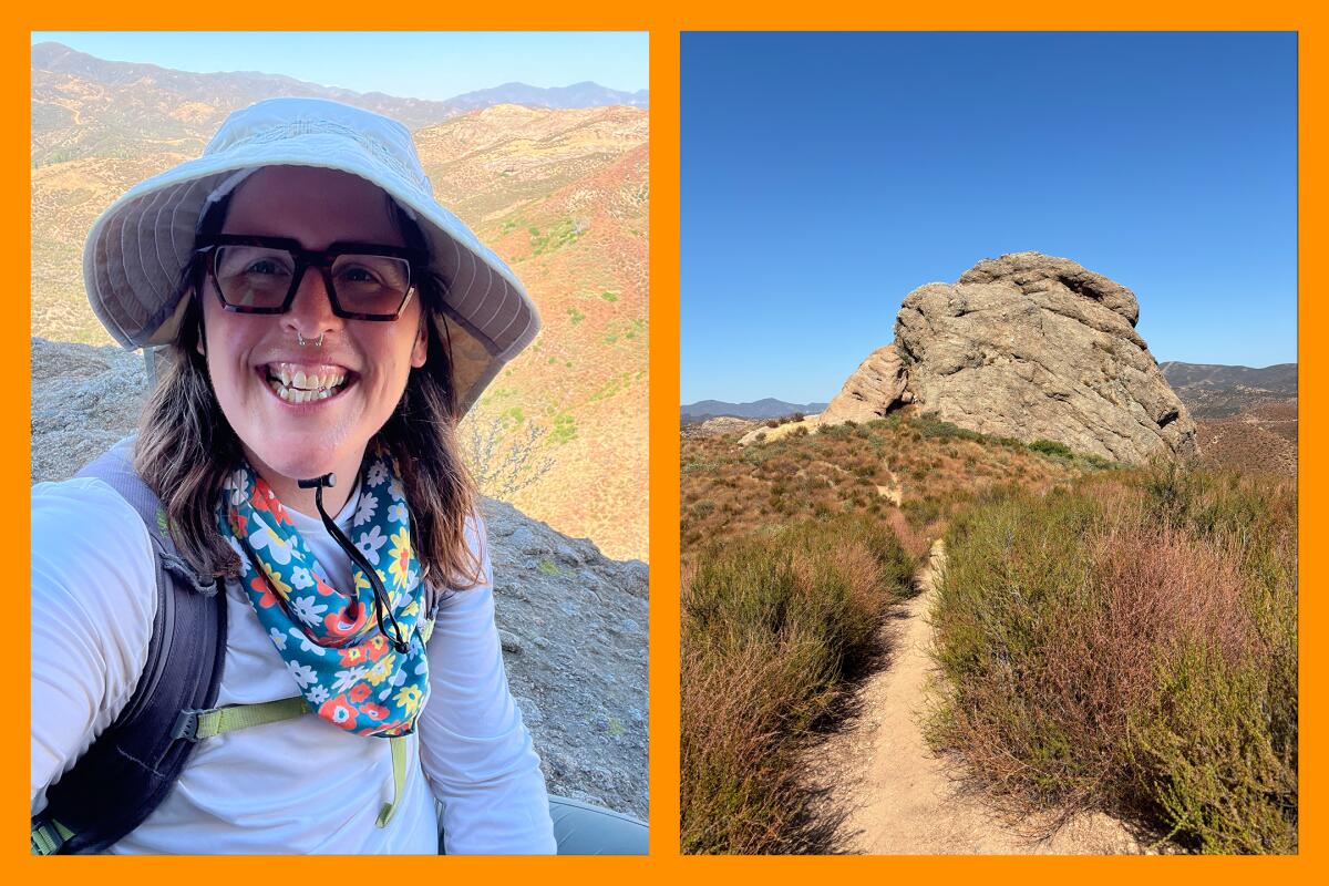 Two photos: Jaclyn takes a selfie against a rocky landscape; a dirt trail leads to a large rock.