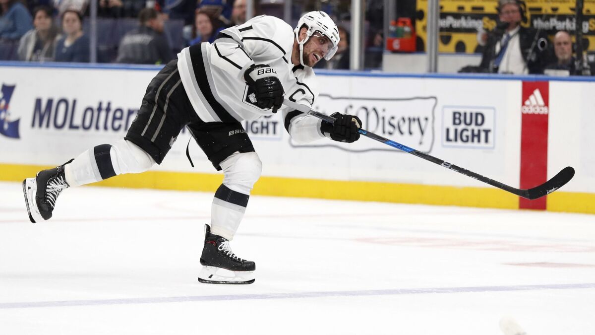 Anze Kopitar of the Kings scores an empty-net goal against the St. Louis Blues on Monday in St. Louis. The Kings won 2-0.