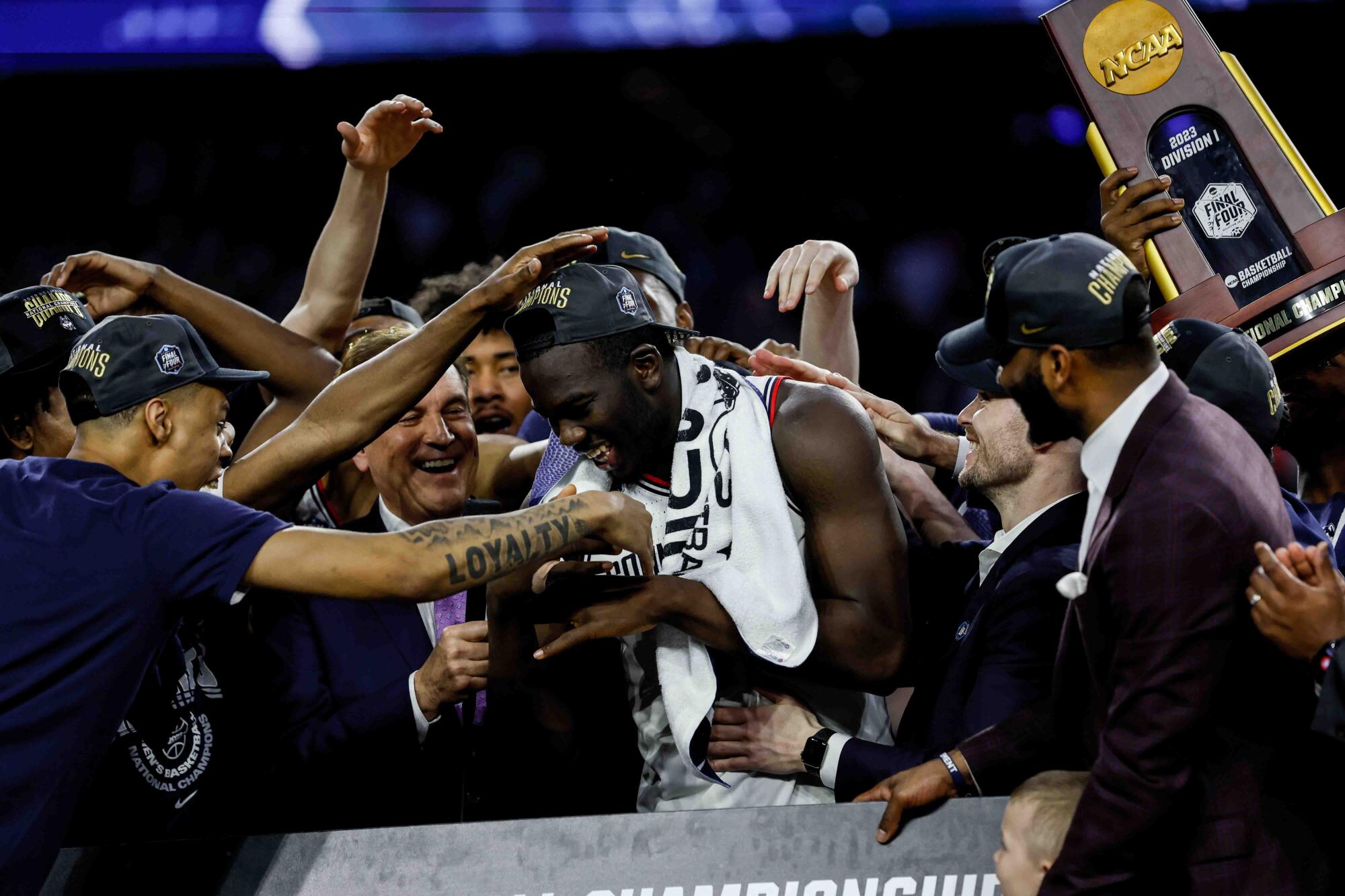Connecticut celebrates after beating San Diego State for Monday night's national championship.