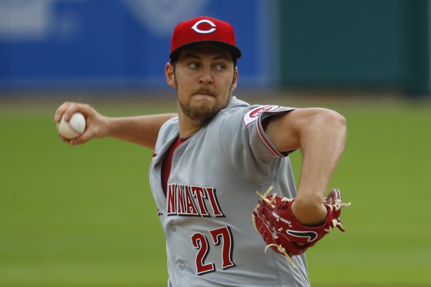 Trevor Bauer pitches for the Cincinnati Reds against the Detroit Tigers on Aug. 2, 2020.
