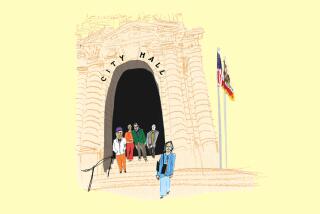 A drawing of people walking of an old City Hall archway