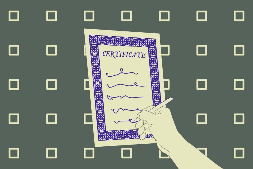 An illustration of a hand signing a certificate.