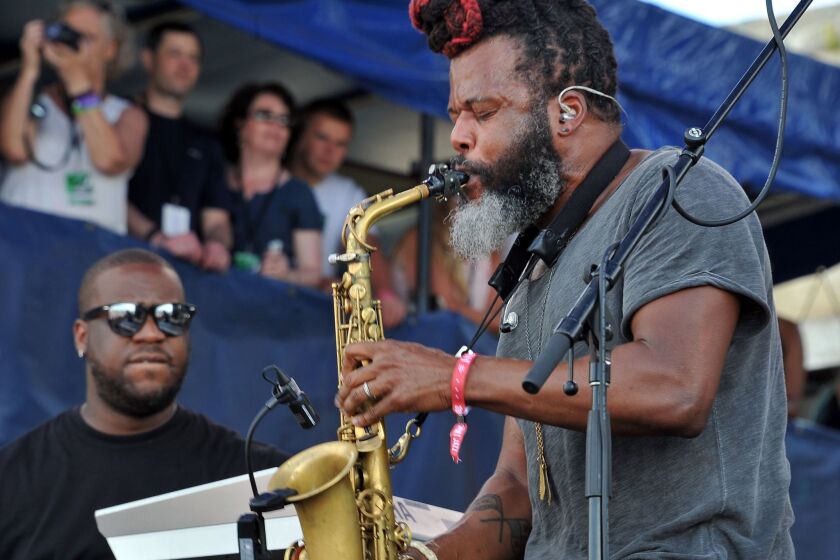 Robert Glasper, left, and Casey Benjamin of the Robert Glasper Experiment onstage at the Newport Jazz Festival in July 2016.