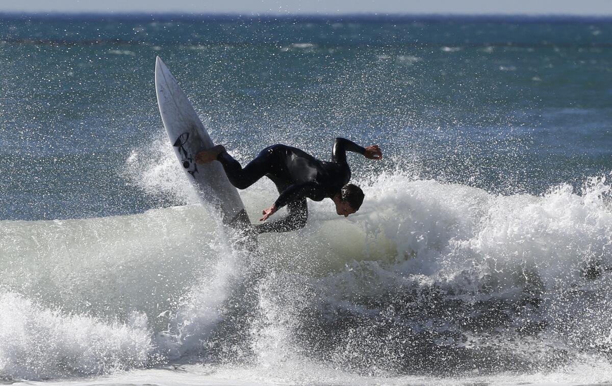 A surfer braves the waves amid strong Santa Ana winds off the Southern California coast, where temperatures topped 80 degrees at the beach Thursday.