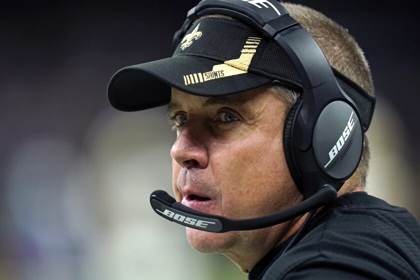 New Orleans Saints head coach Sean Payton watches from the sideline in the first half of an NFL football game against the Buffalo Bills in New Orleans, Thursday, Nov. 25, 2021. (AP Photo/Derick Hingle)
