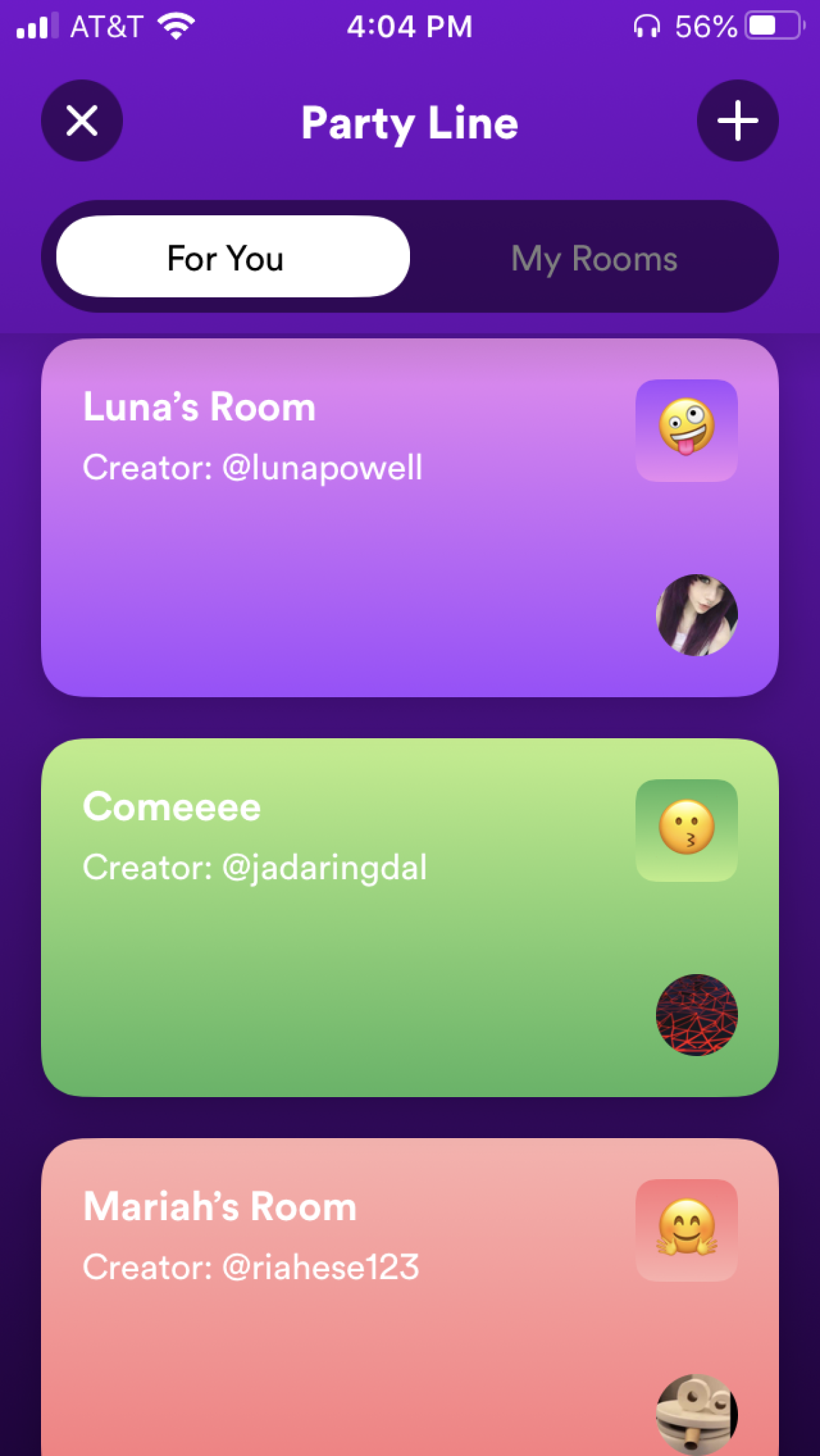 Here's what the Party Line landing page looks like, with neon colored boxes representing individual rooms. For privacy reasons, I won't be sharing screenshots of the inside of each room.