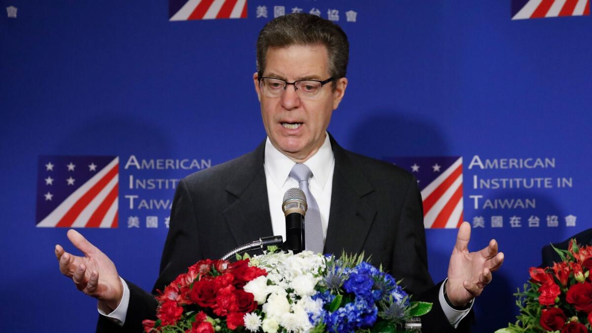 Sam Brownback, U.S. ambassador-at-large for religious freedom, speaks during a press conference in Taipei, Taiwan, on March 11.