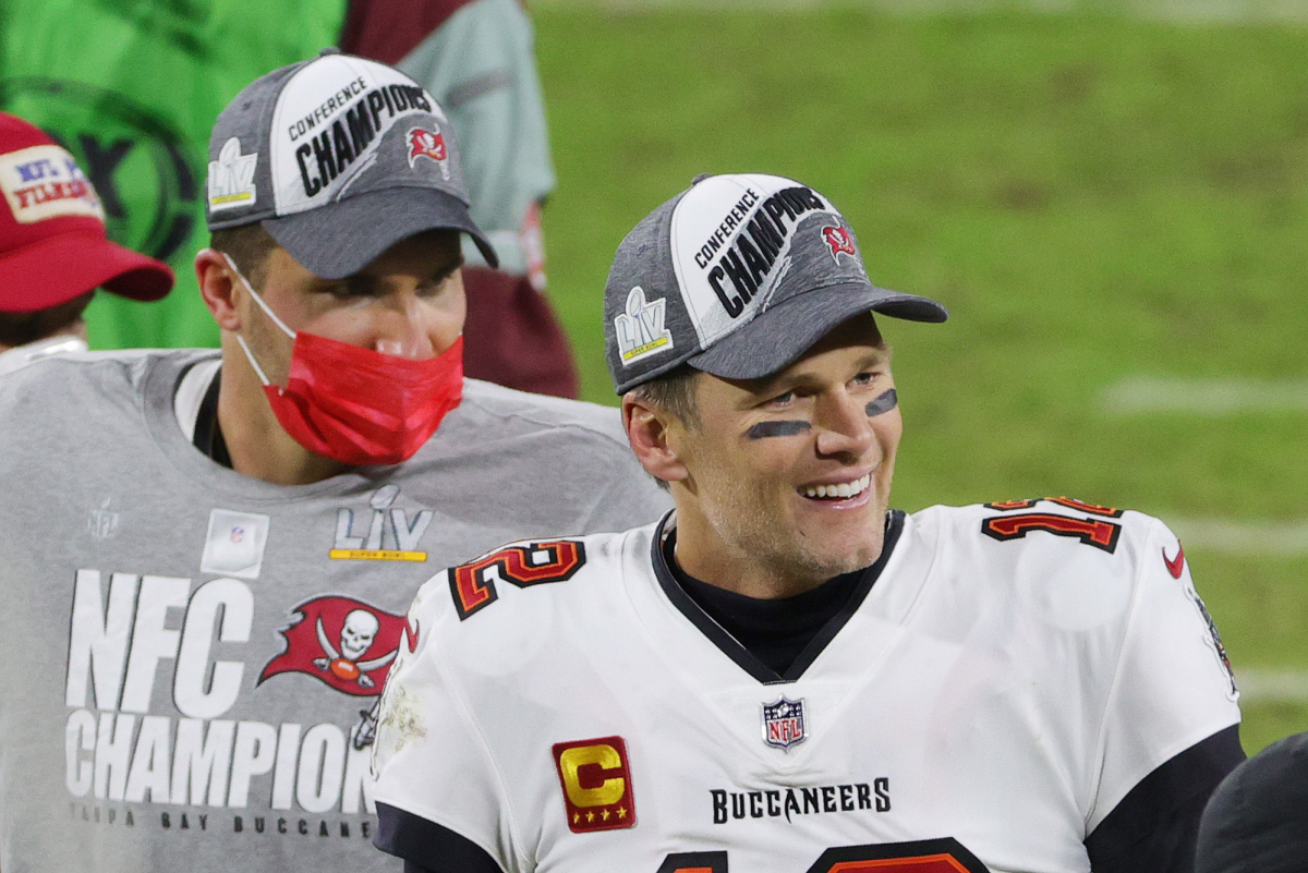 Tampa Bay Buccaneers teammates Rob Gronkowski and Tom Brady.