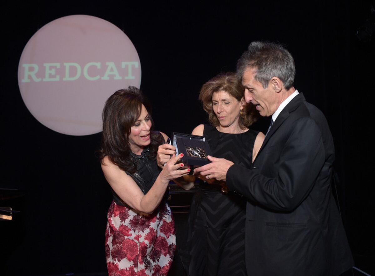 Actress Jane Kaczmarek, left, with honorees Jamie Lynton and Michael Lynton onstage at the 2015 REDCAT Gala.