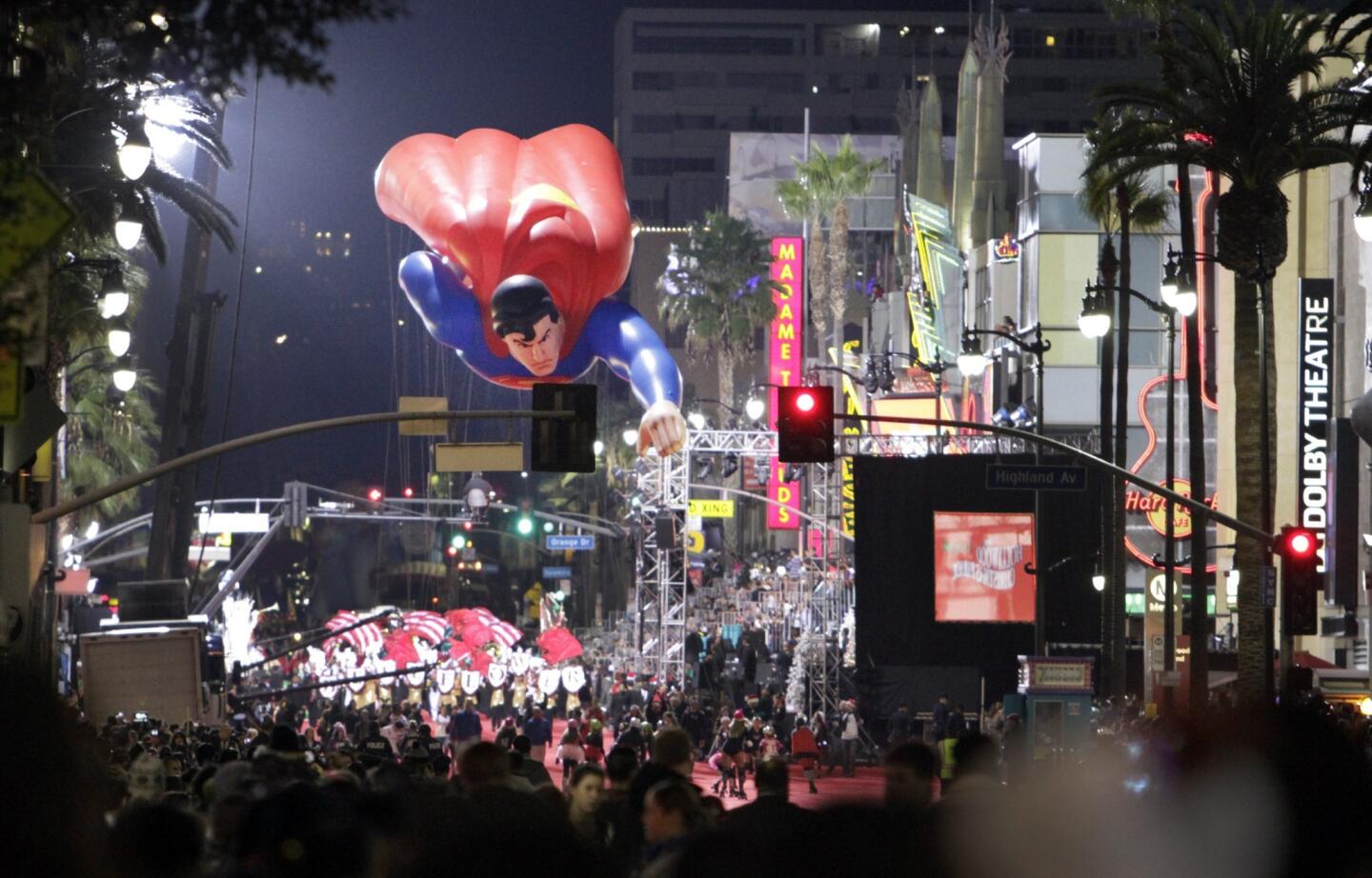The Superman balloon floats down the street in the 82nd Hollywood Christmas Parade.