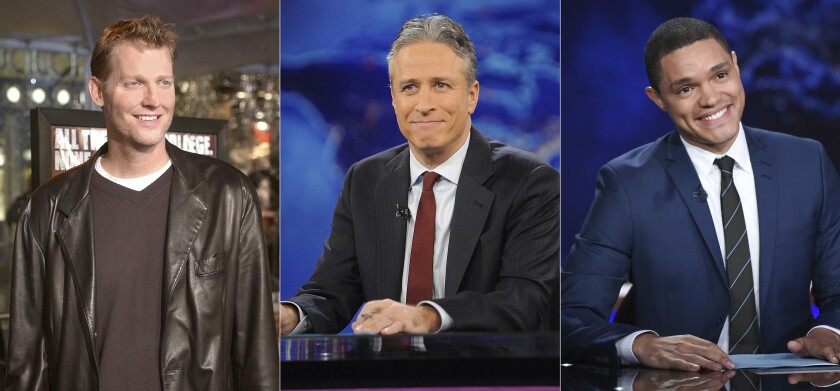 In this combination photo, Craig Kilborn, former host of "The Daily Show," appears at the premiere of "Old School" in Los Angeles on Feb. 13, 2003, from left, Jon Stewart appears during a taping of "The Daily Show with Jon Stewart" in New York on Nov. 30, 2011 and Trevor Noah appears during a taping of "The Daily Show with Trevor Noah" in New York on Sept. 29, 2015. Comedy Central's “The Daily Show,” launched 25 years ago this month, dedicated to skewering journalism and warning viewers about how they take in their news. (AP Photo)