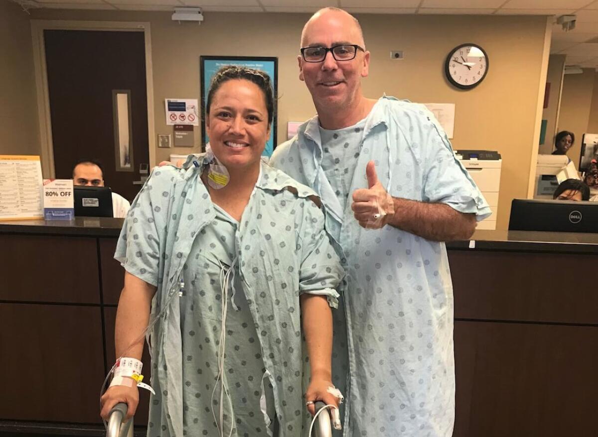 Kidney donor Mark Neville with recipient Tasha Herrera at the Memorial Hermann Texas Medical Center in March, 2019.