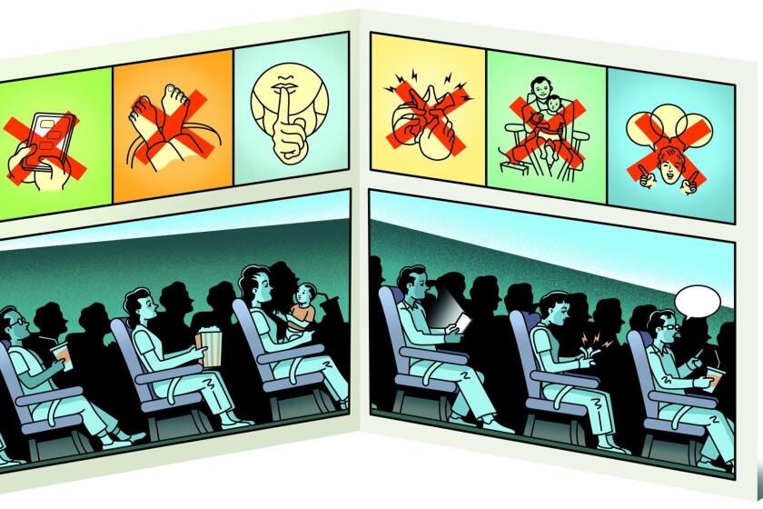 Illo on the correct etiquette in a movie theater. Please drop into la-ca-moviegoing-behavior CREDIT: Illustration by Peter and Maria Hoey For the Times