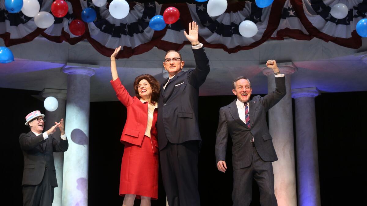 Lyndon Baines Johnson is the driving force of "All the Way." At South Coast Repertory, he is portrayed by Hugo Armstrong, center, with Nike Doukas as Lady Bird Johnson and JD Cullum, right, as Hubert Humphrey.
