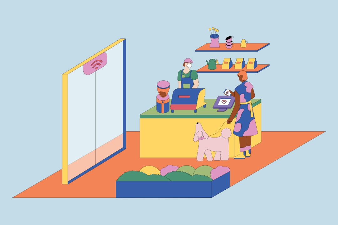 An illustration shows a coffee shop with automatic doors.