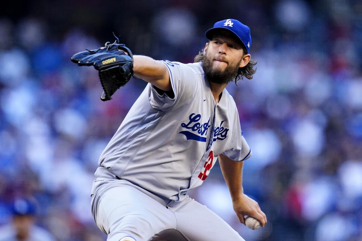 Los Angeles Dodgers starting pitcher Clayton Kershaw throws a pitch against the Arizona Diamondbacks.