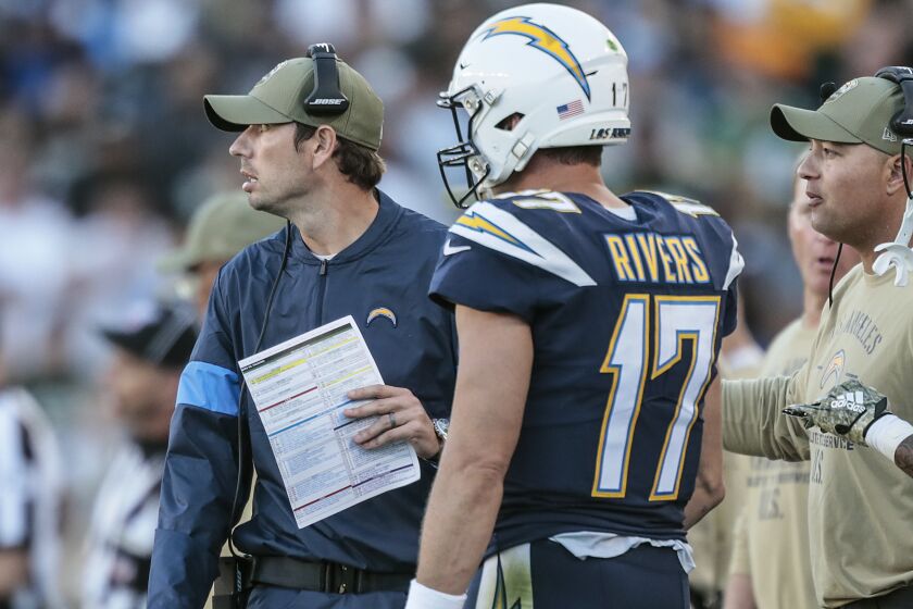 CARSON, CA, SUNDAY, NOVEMBER 3, 2019 - Chargers offensive coordinator Shane Steichen calls plays from the sideline during a game against the Green Bay Packers at Dignity Health Sports Park. (Robert Gauthier/Los Angeles Times)