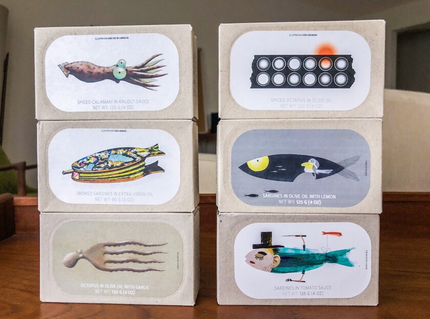 Boxes of Jose Gourmet tinned seafood, also called conservas.