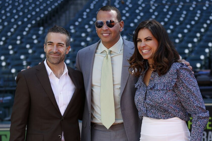 ESPN commentator Alex Rodriguez (C), Jessica Mendoza and Matt Vasgersian pose on April 15, 2018 in Houston, Texas.