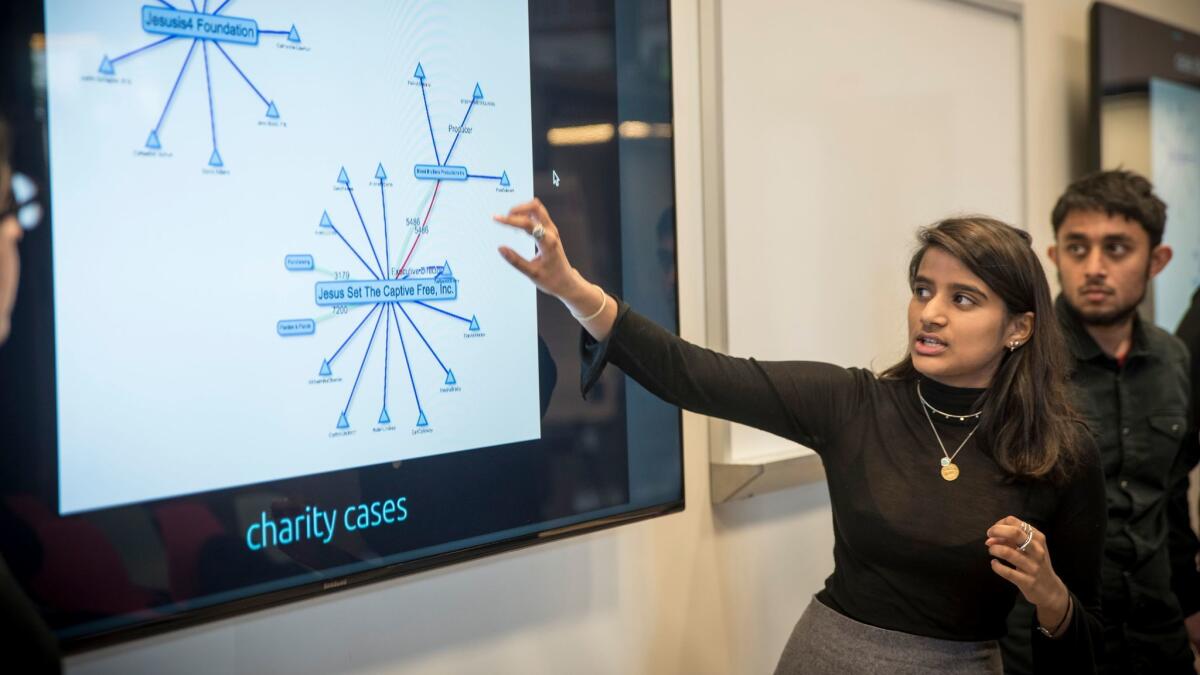 Student Anjali Banerjee gives a presentation at UC Berkeley as part of a class focused on finding technological solutions to combat international terrorism.