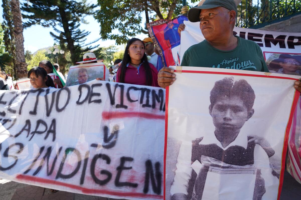 Community members, many from indigenous villages, rally to draw attention to cases of loved ones killed or disappeared in recent years during a march for "truth, justice and peace" on Feb. 8 in Chilapa de Alvarez, Mexico.