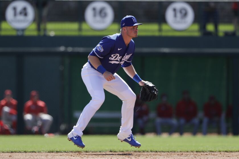 Los Angeles Dodgers second baseman Gavin Lux during the first inning of a spring training baseball game against the Los Angeles Angels, Wednesday, Feb. 26, 2020, in Glendale, Ariz. (AP Photo/Gregory Bull)