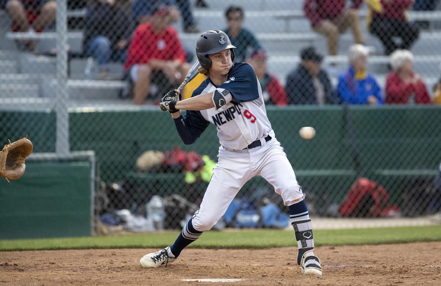 Newport Harbor's John Olmstead hits for the South in the fifth inning of the Kiwanis Club of Greater Anaheim's 52nd Orange County High School All-Star Baseball Game for seniors at La Palma Park's Dee Fee Field in Anaheim on Tuesday.