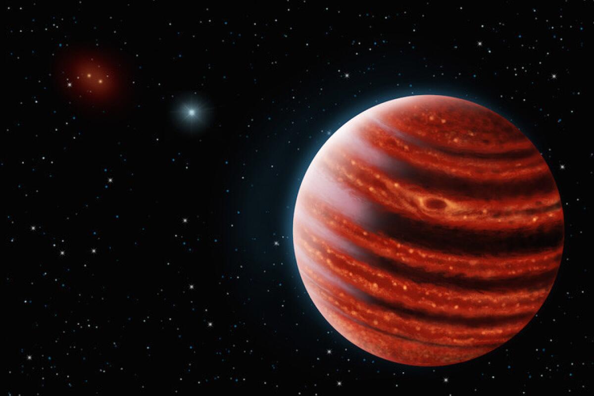 This artist's conception shows the Jupiter-like exoplanet 51 Eridani b, whose hot layers deep in its atmosphere glow through clouds.