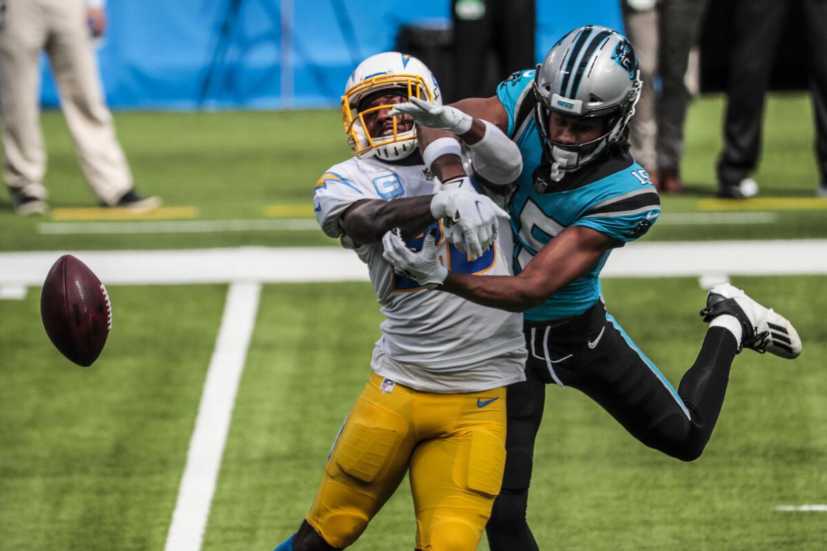 Chargers cornerback Casey Hayward breaks up a pass intended for Panthers wide receiver Seth Roberts.