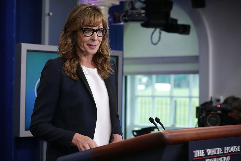 Actress Allison Janney surprises members of the White House press corps on April 29, 2016. Janney, known to viewers as Press Secretary C.J. Cregg in "The West Wing," was calling attention to the opioid epidemic.