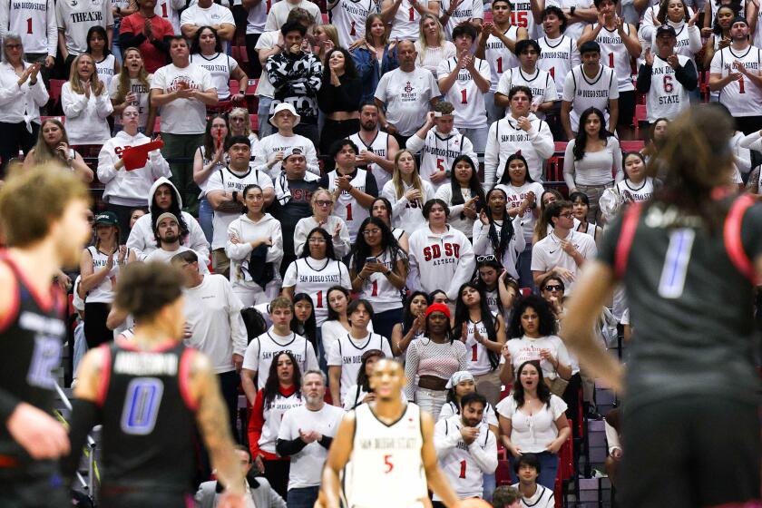 San Diego, CA - March 08: San Diego State fans cheer during the Aztecs game against Boise State at Viejas Arena on Friday, March 8, 2024 in San Diego, CA.(Meg McLaughlin / The San Diego Union-Tribune)