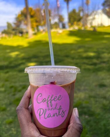 A Rose Bowl Latte coffee from Coffee and Plants at Memorial Park.