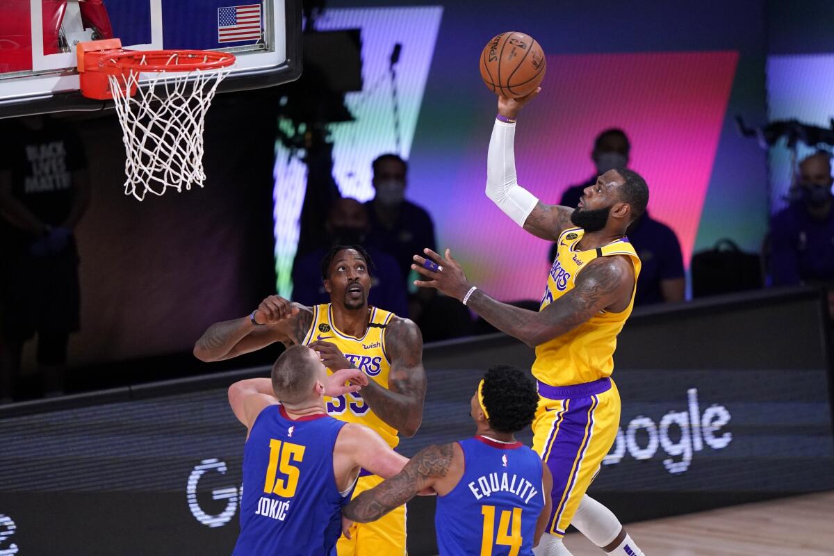 Lakers forward LeBron James pulls up for a shot during Game 1.