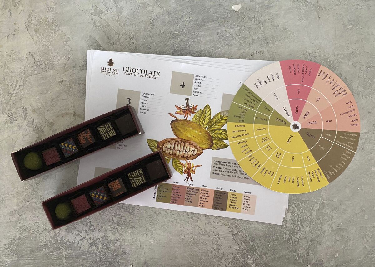 Midunu Chocolates, made in Ghana, are displayed in New York. The various gem-like confections are designed to honor African chocolate-making traditions. Try their chocolate tasting kit for four with a flavor wheel, tasting mats and more. (Katie Workman via AP)