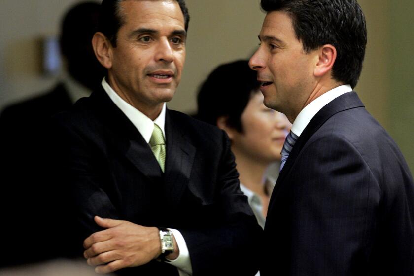 Antonio Villaraigosa, left, then mayor of Los Angeles, with Fabian Nuñez, then speaker of the Assembly, in Sacramento in 2006.
