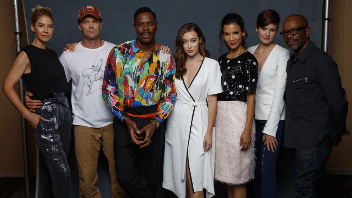 Jenna Elfman, from left, Garret Dillahunt, Colman Domingo, Alycia Debnam-Carey, Danay Garcia, Maggie Grace and Lennie James from the television series "Fear the Walking Dead."