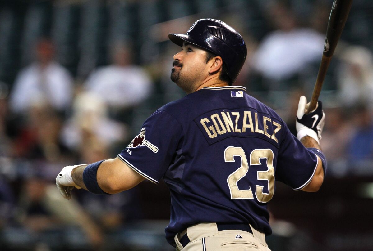 Adrian Gonzalez bats in a 2010 game for the Padres.
