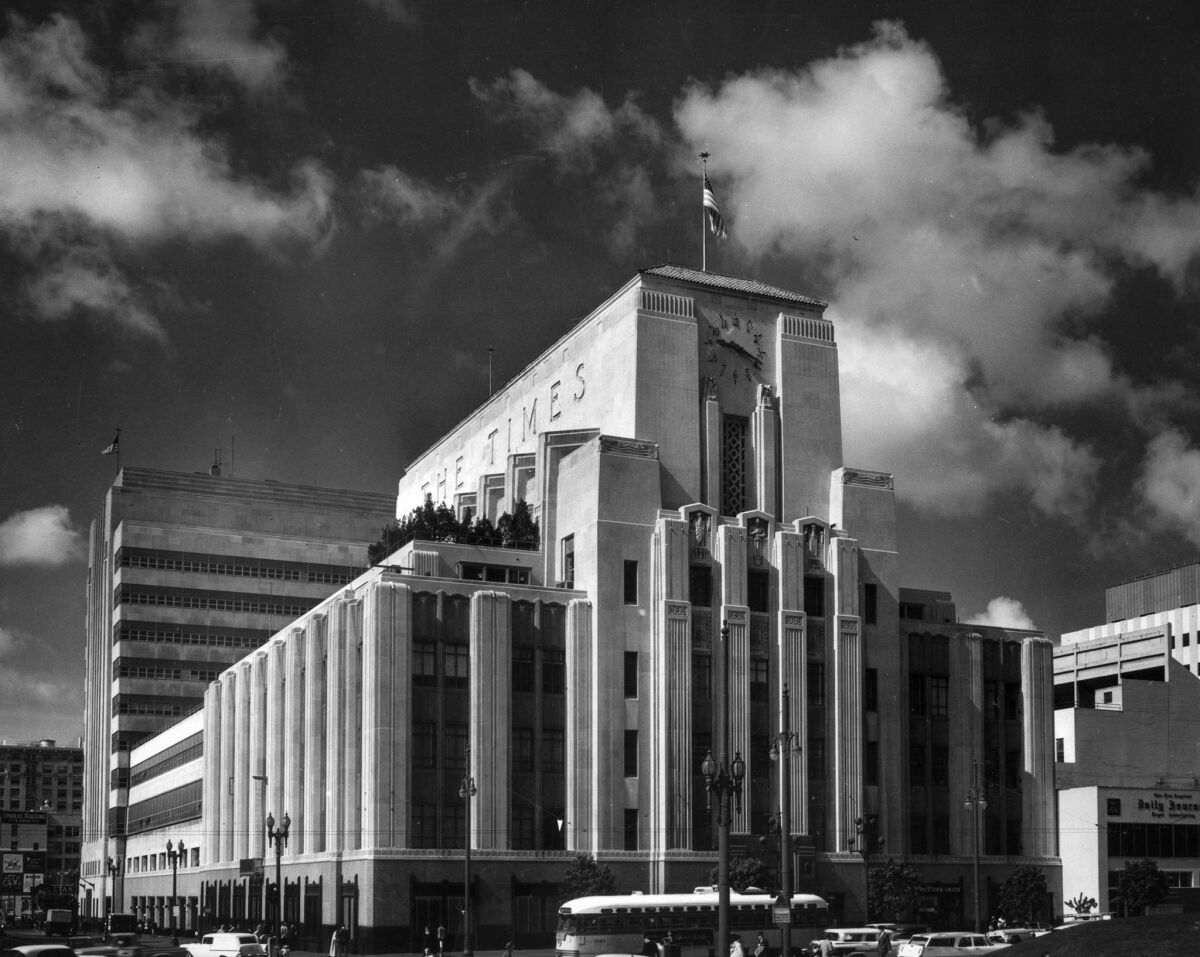 March 25, 1960: Los Angeles Times building at the corner of 1st and Spring Streets in downtown Los Angeles.