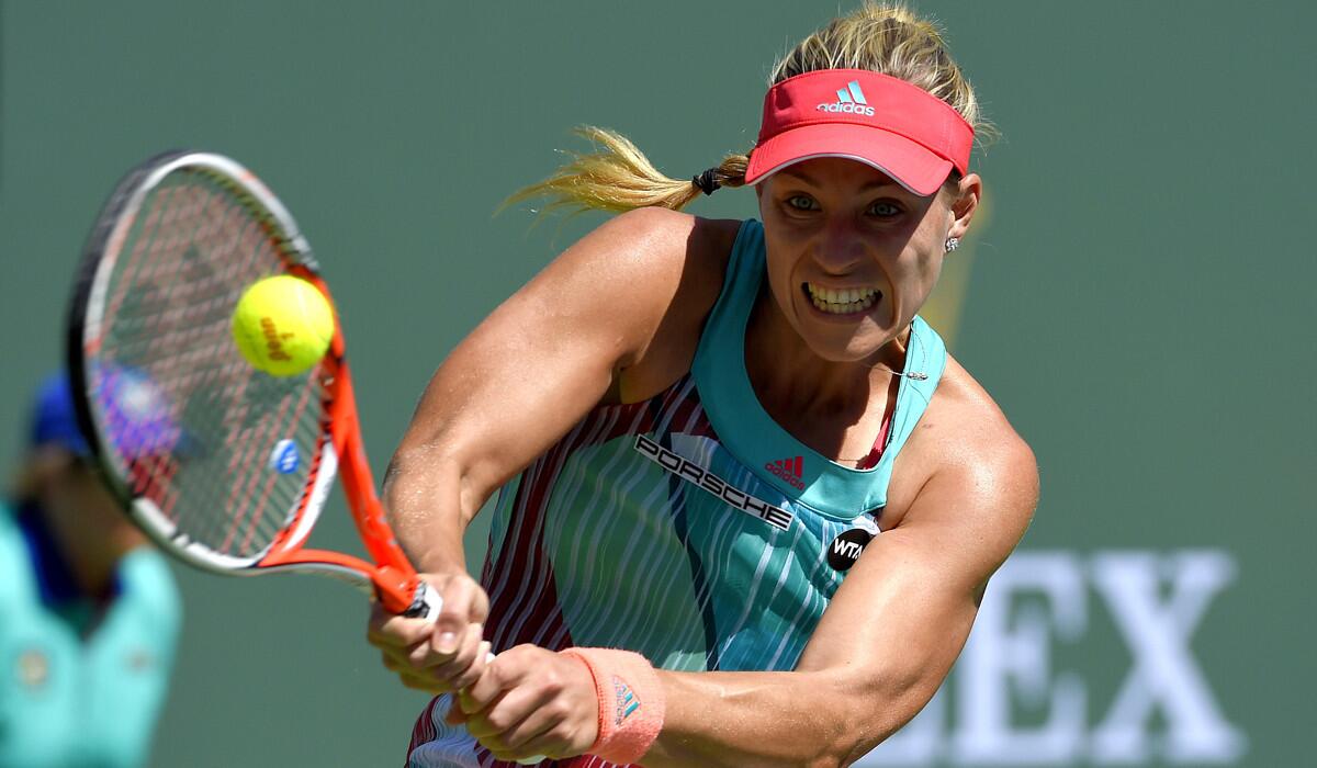Angelique Kerber returns a volley from Denisa Allertova during their match at the BNP Paribas Open tennis tournament on Saturday.