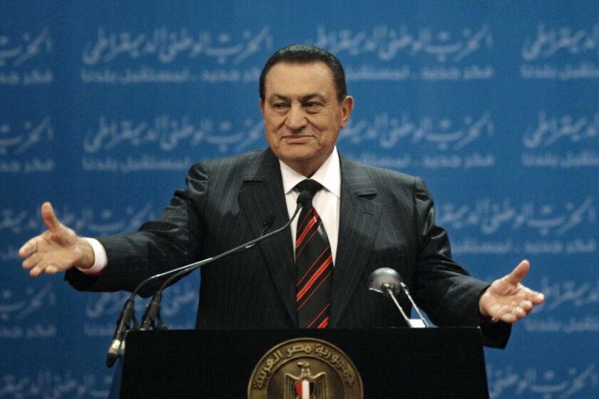 FILE - In this Nov. 1, 2008 file photo, Egyptian President Hosni Mubarak delivers a speech at the first day of the 5th annual convention of the ruling National Democratic Party in Cairo, Egypt. Egypt's state TV said Tuesday, Feb. 25, 2020, that the country's former President Hosni Mubarak, ousted in the 2011 Arab Spring uprising, has died at 91. Mubarak, who was in power for almost three decades, was forced to resign on Feb. 11, 2011, after following 18 days of protests around the country. The Arab Spring uprisings had convulsed autocratic regimes across the Middle East. (AP Photo/Nasser Nasser, File)