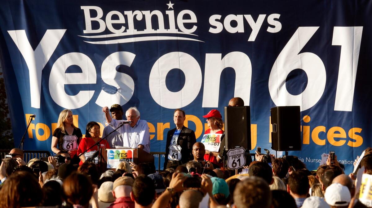 U.S. Sen. Bernie Sanders speaks to the crowd at a rally in Hollywood in support of Proposition 61.