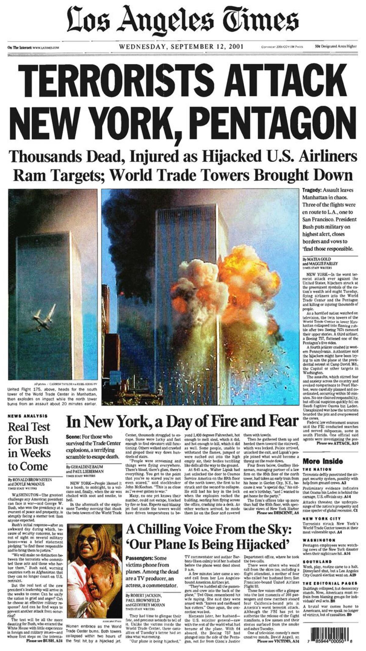 Front page of the L.A. Times the day after the 9/11 attacks